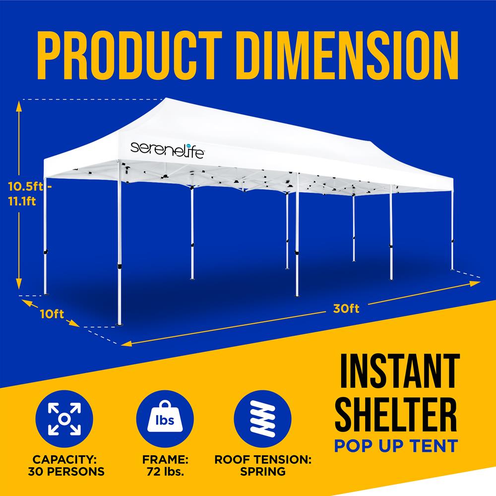 Instant Shelter Pop Up Tent Commercial - Waterproof Polyester Tent With Portable Wheeled Carry Bag And Sand Bag, 10 X 30 Ft. (White)