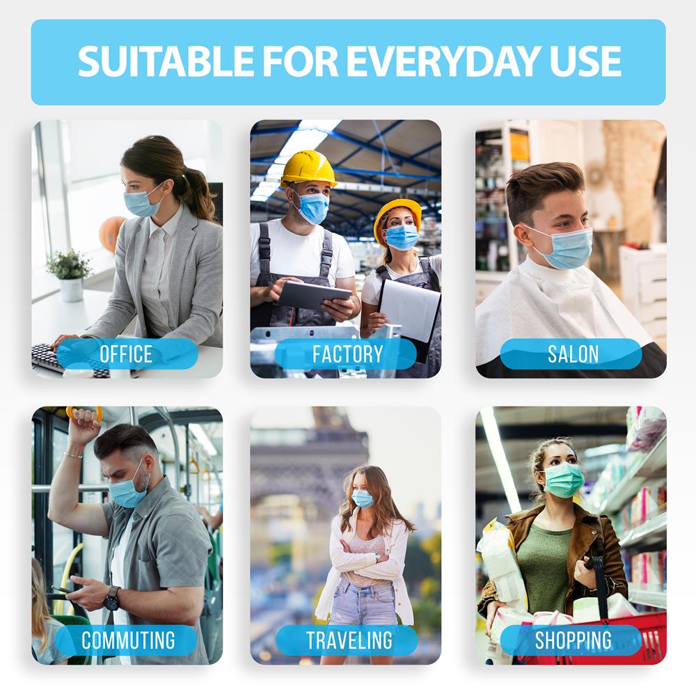 1000pcs 3-Ply Disposable Face Masks, Breathable Non-Woven, Blue