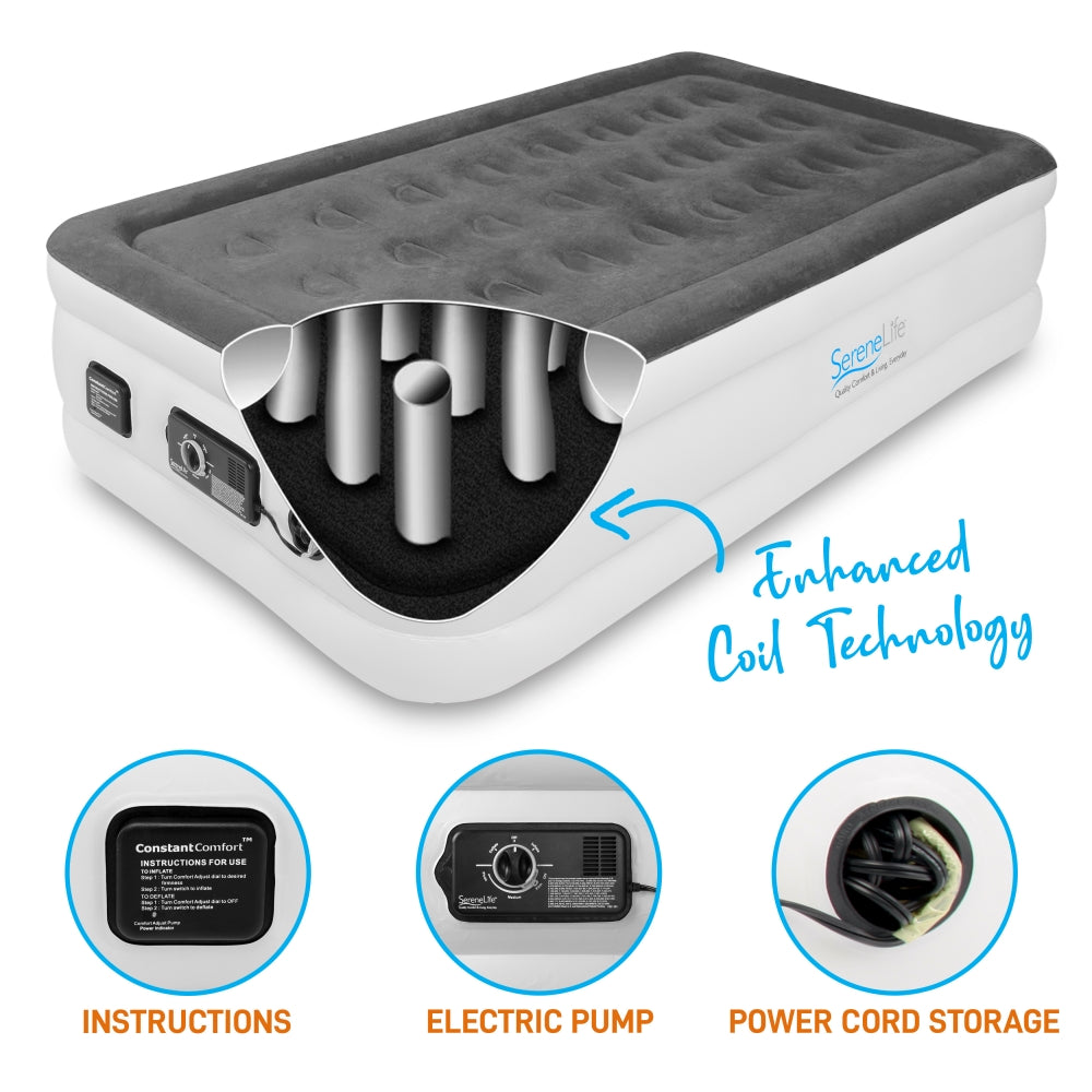 Twin Air Mattress, ComfortCoil Tech, Built-in Pump, Gray, 18" Raised