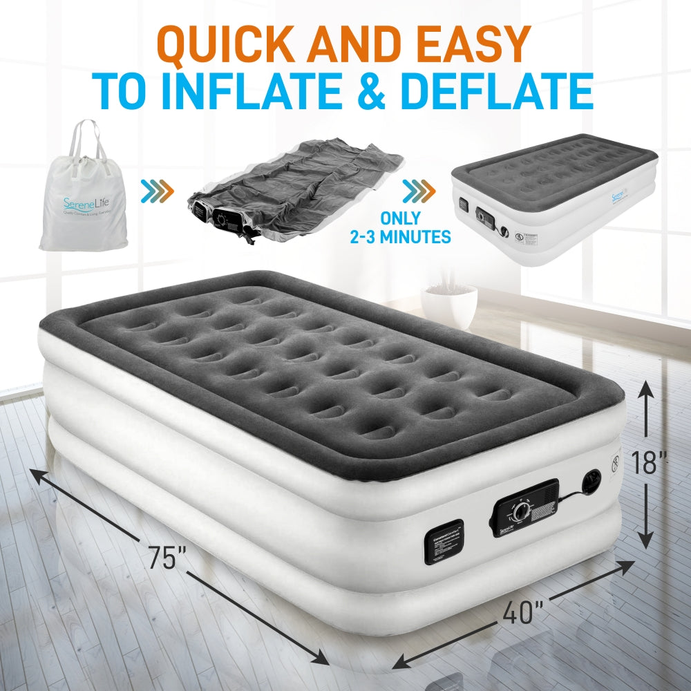 Twin Air Mattress, ComfortCoil Tech, Built-in Pump, Gray, 18" Raised