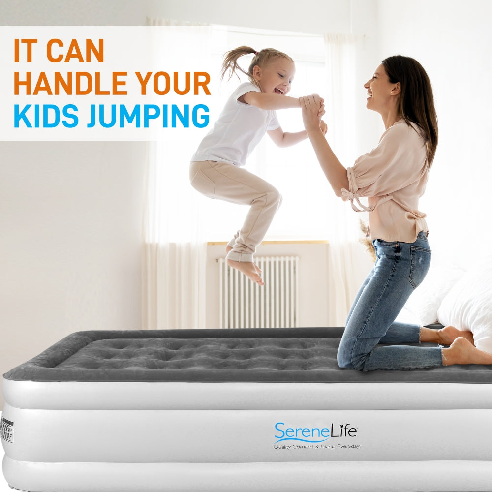 Twin Air Mattress, ComfortCoil Tech, Built-in Pump, Gray, 18" Raised