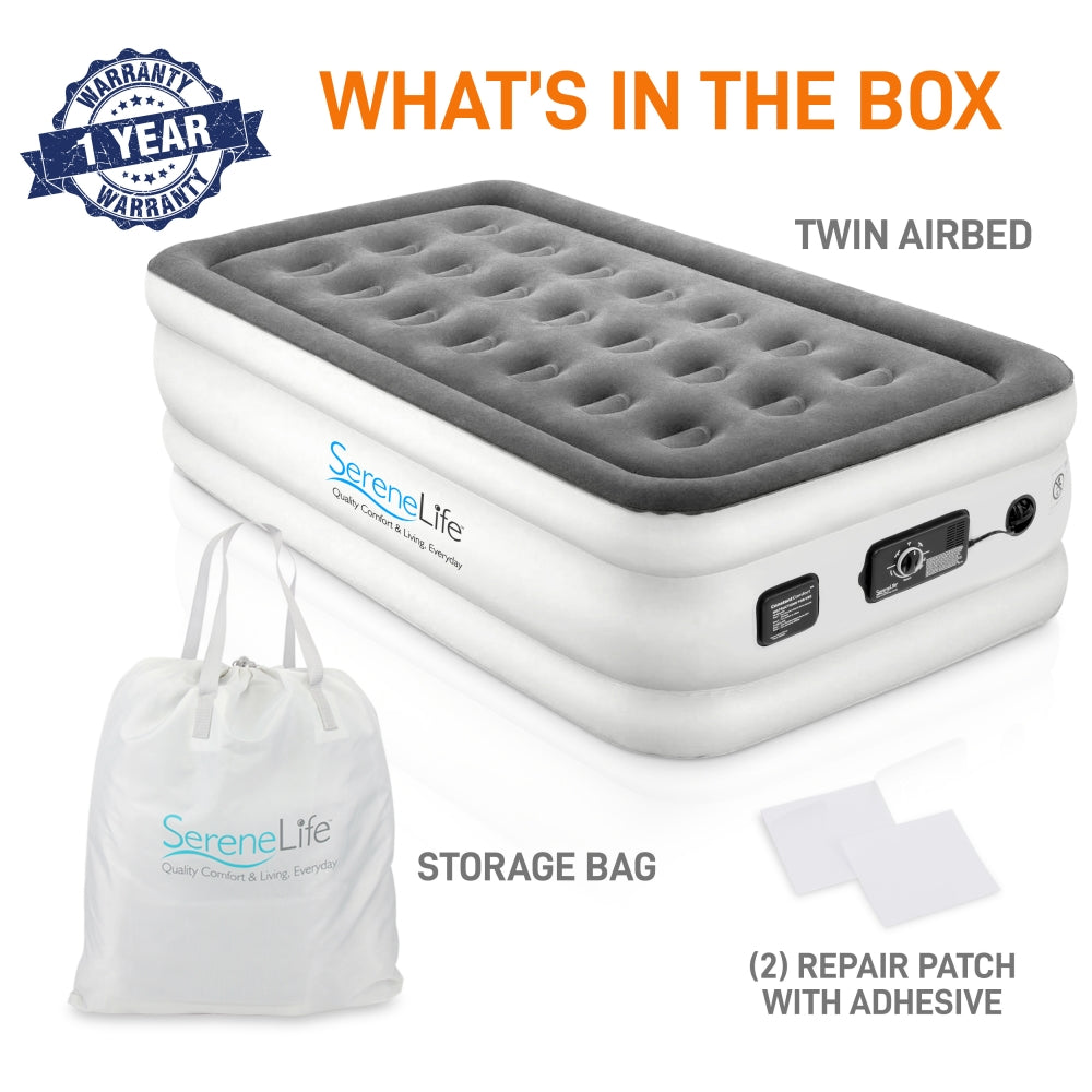 Twin Air Mattress, ComfortCoil Tech, Built-in Pump, Gray, 18" Raised