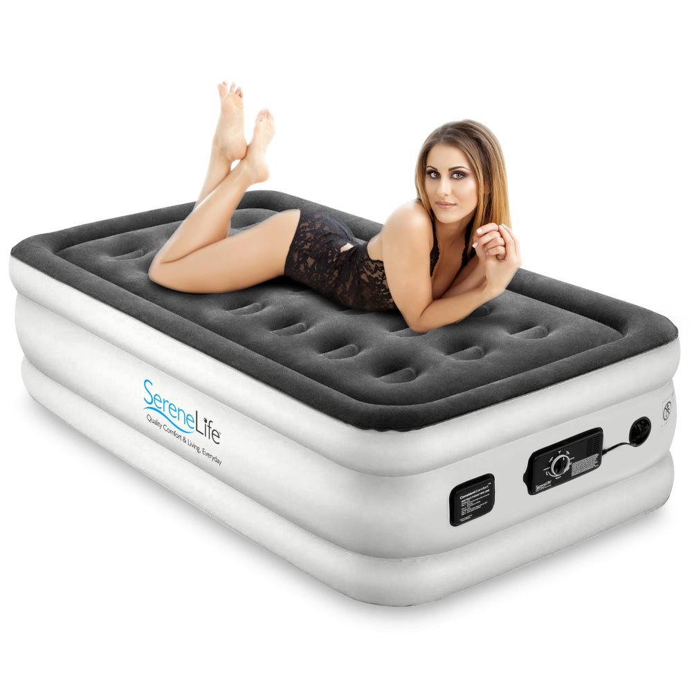 Twin Air Mattress, ComfortCoil Tech, Built-in Pump, Gray, 18" Raised