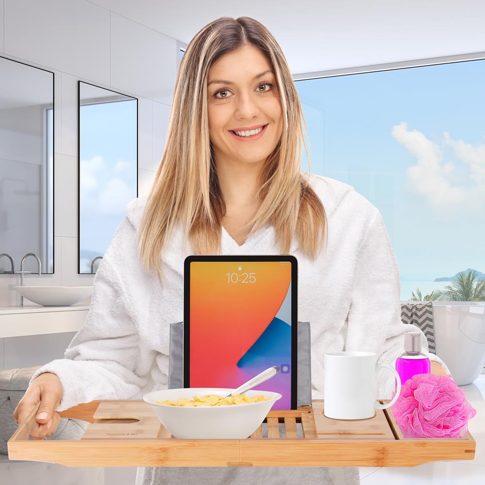 Bamboo Bathtub Caddy Tray - Relaxation Organizer, Adjustable, Natural Wood