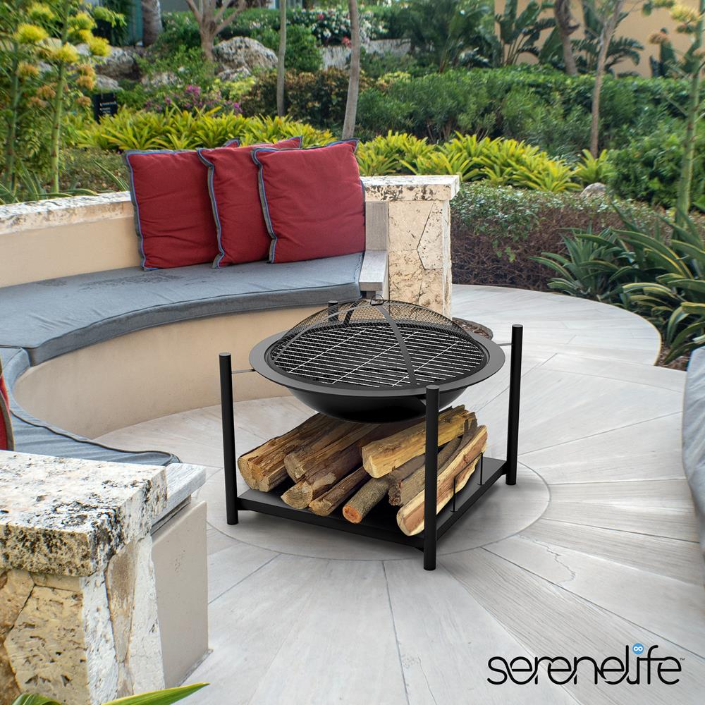 26" Outdoor Fire Pit with BBQ Grill, Heat-Resistant Steel, Wood Storage