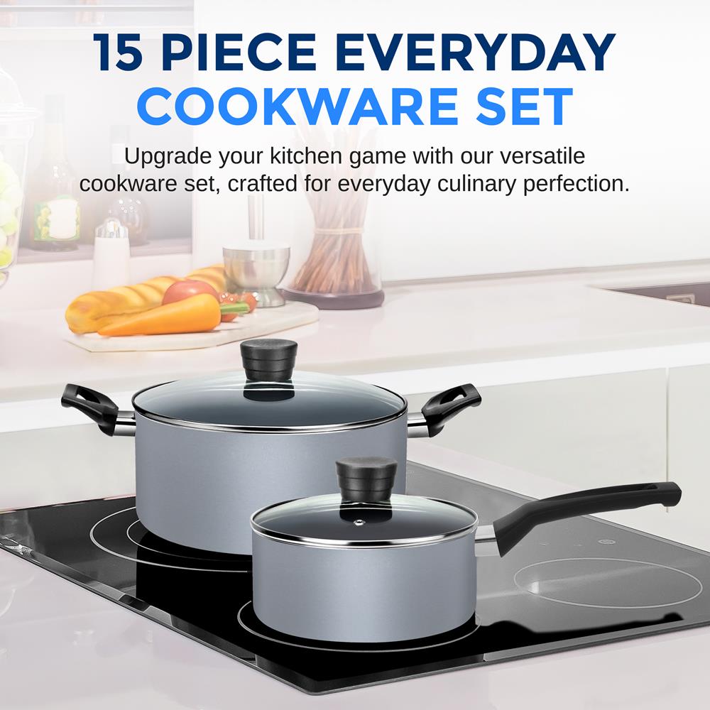 15-Piece Non-Stick Cookware Set, Even Heat, Black Coating