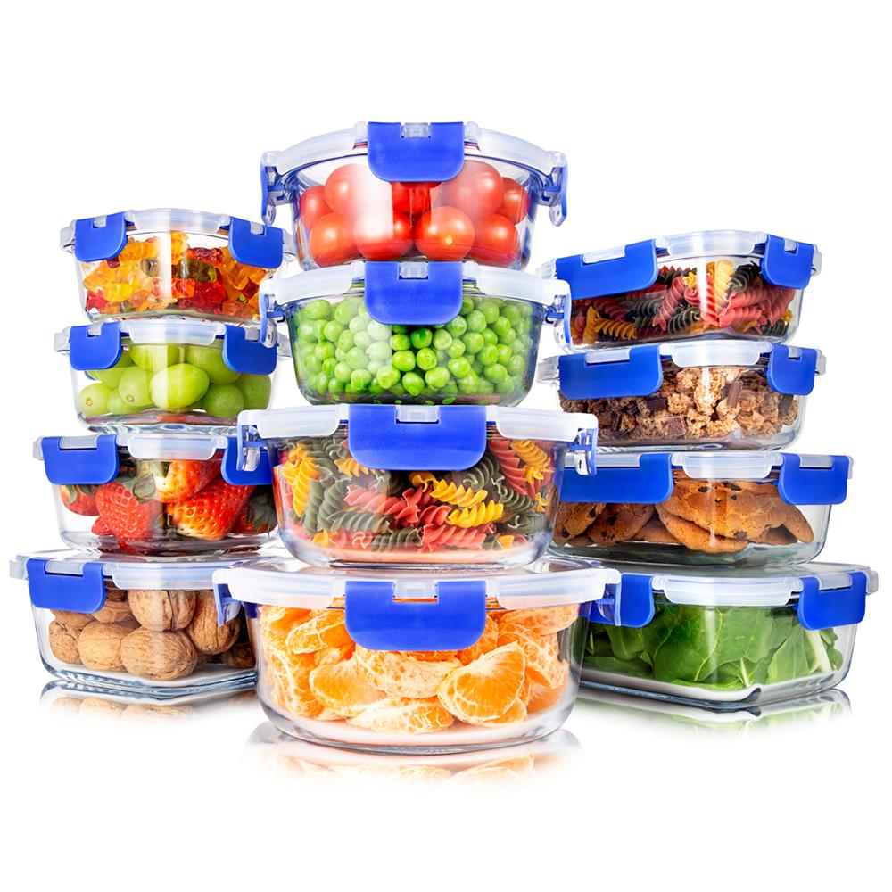 24-Piece Glass Storage Set, Leak-Proof, High Borosilicate, Blue