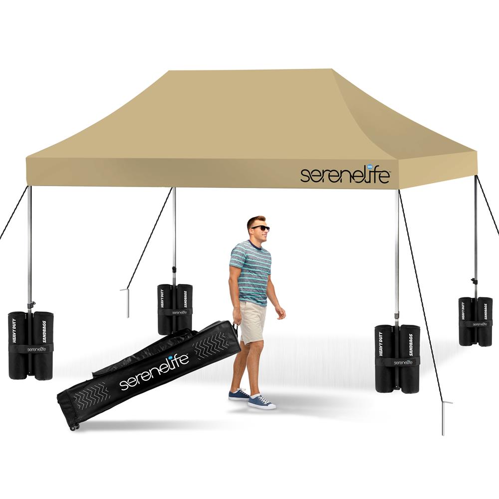 Pop Up Canopy Tent 10x15 - Waterproof, UV Blocker, Khaki, Portable Wheels