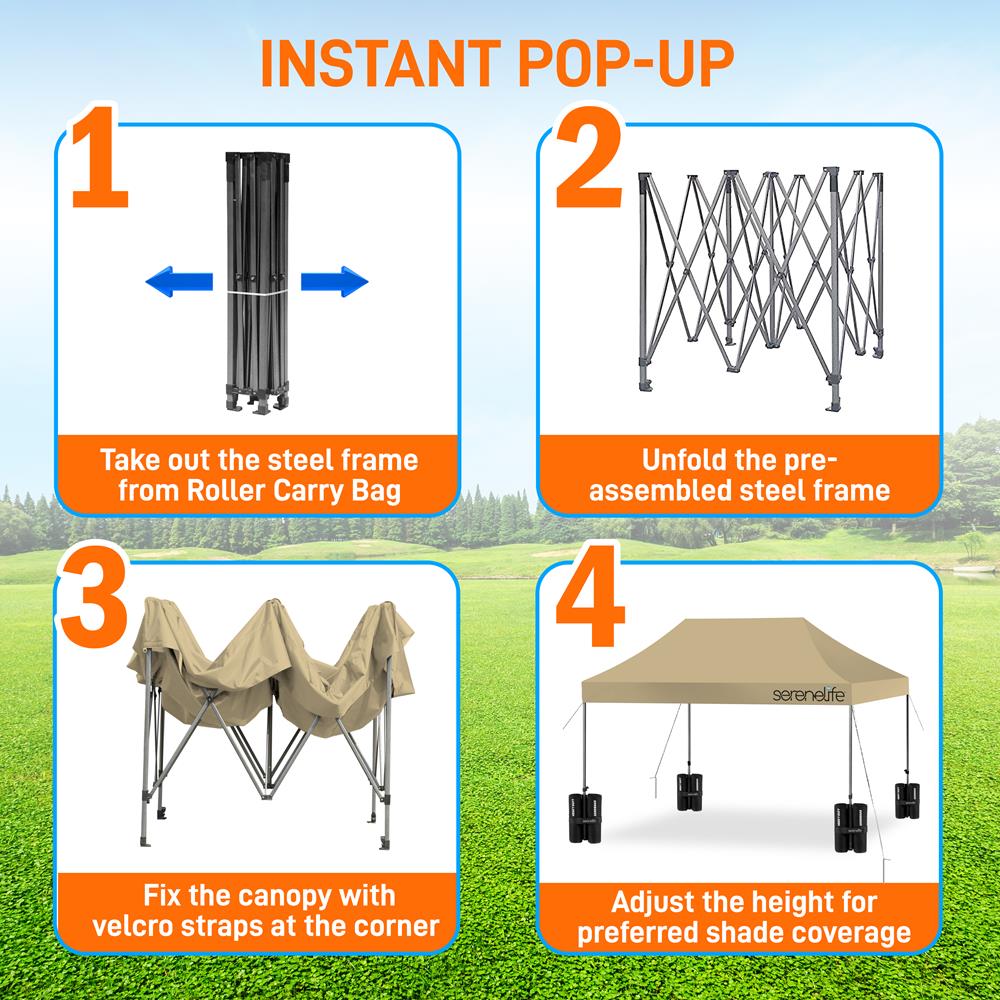 Pop Up Canopy Tent 10x15 - Waterproof, UV Blocker, Khaki, Portable Wheels