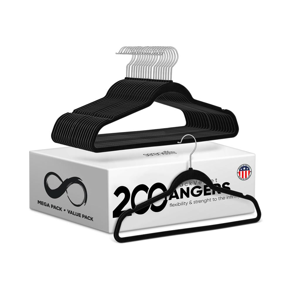 200-Pack Velvet Hangers Non-Slip 360° Swivel Hook Space-Saving Black