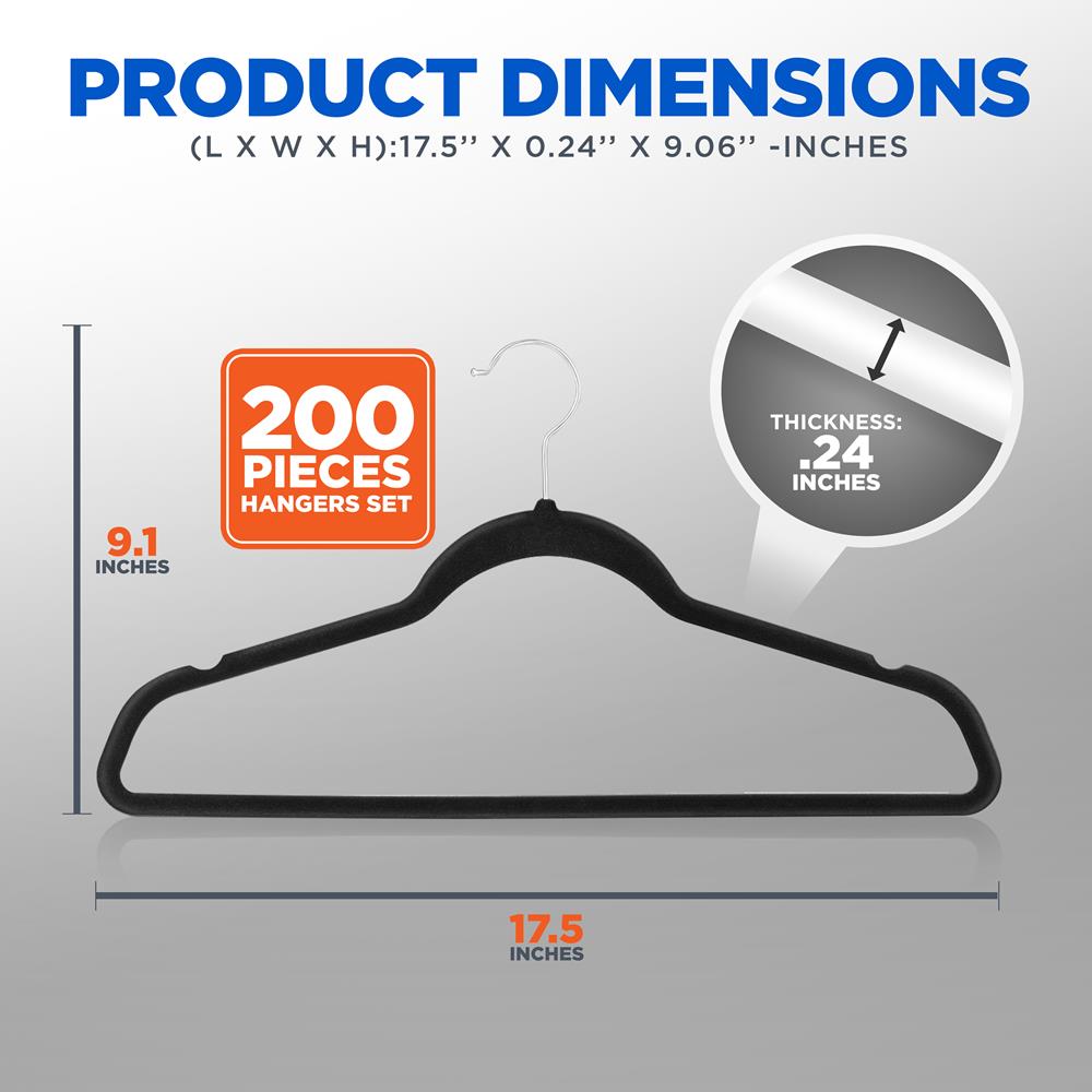 200-Pack Velvet Hangers Non-Slip 360° Swivel Hook Space-Saving Black