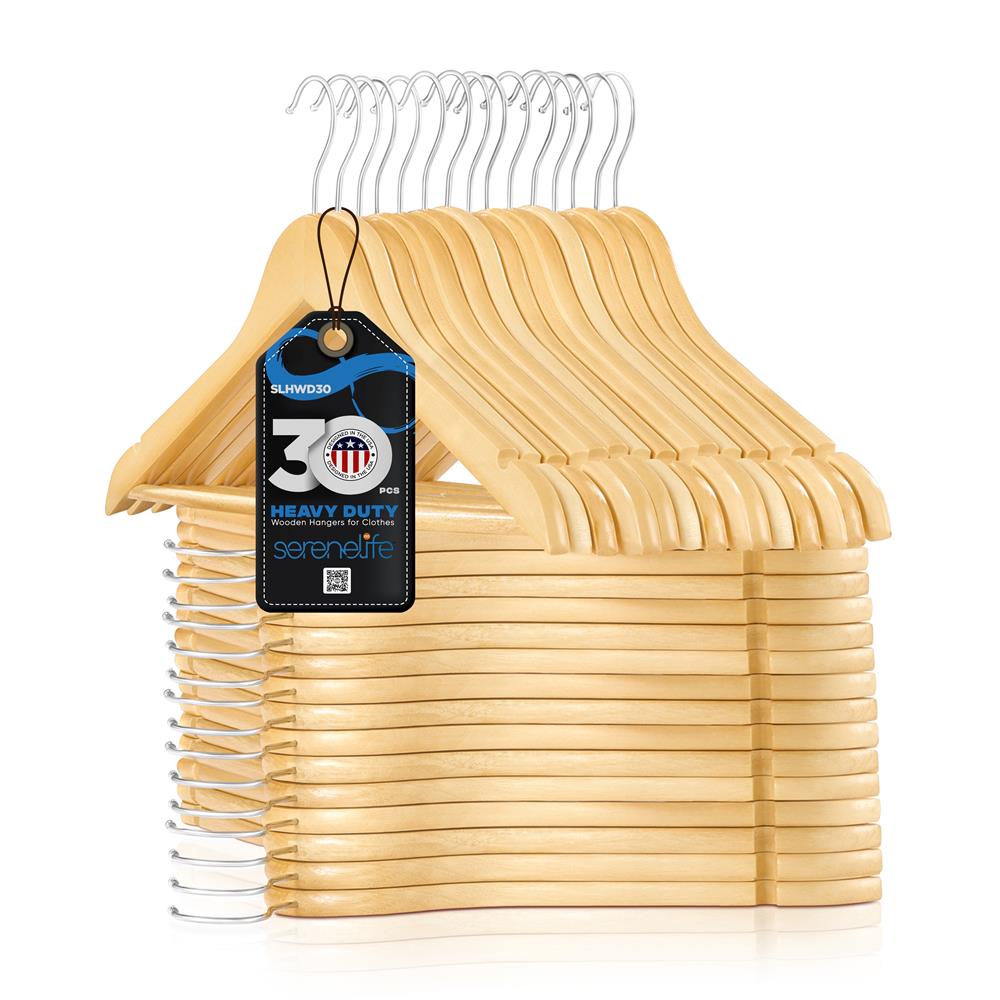 30-Pack Heavy Duty Wooden Hangers - 360° Swivel Hook, Natural Finish