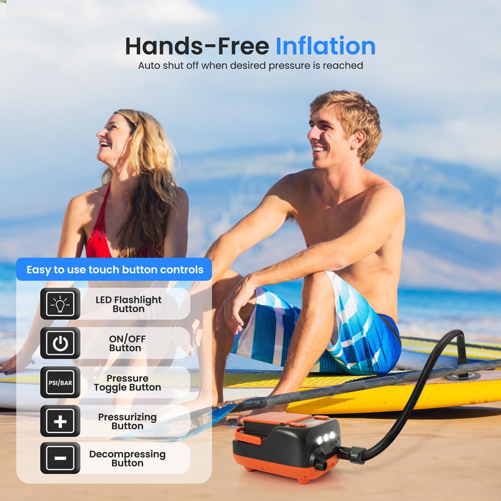 Electric Paddle Board Pump, Fast Inflation, Dual-Stage, Portable, LED Light