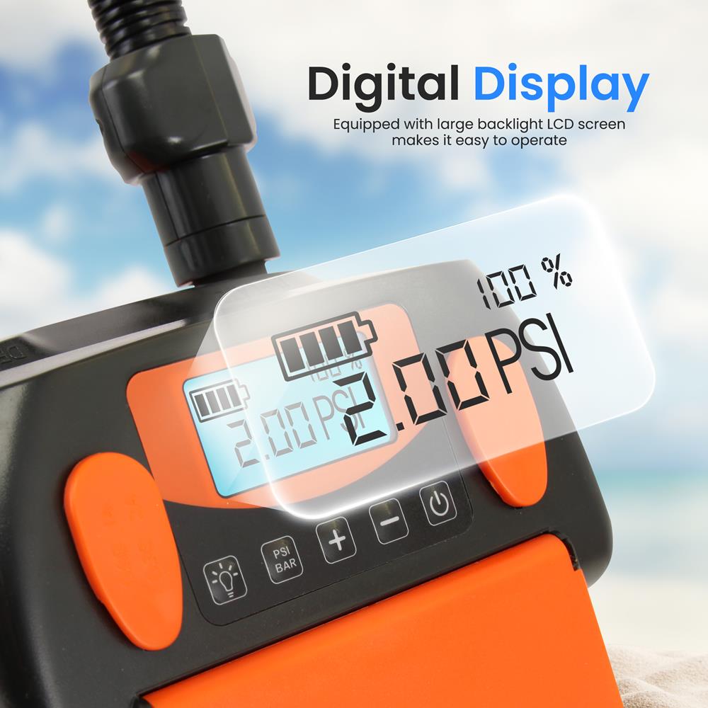 Electric Paddle Board Pump, Fast Inflation, Dual-Stage, Portable, LED Light
