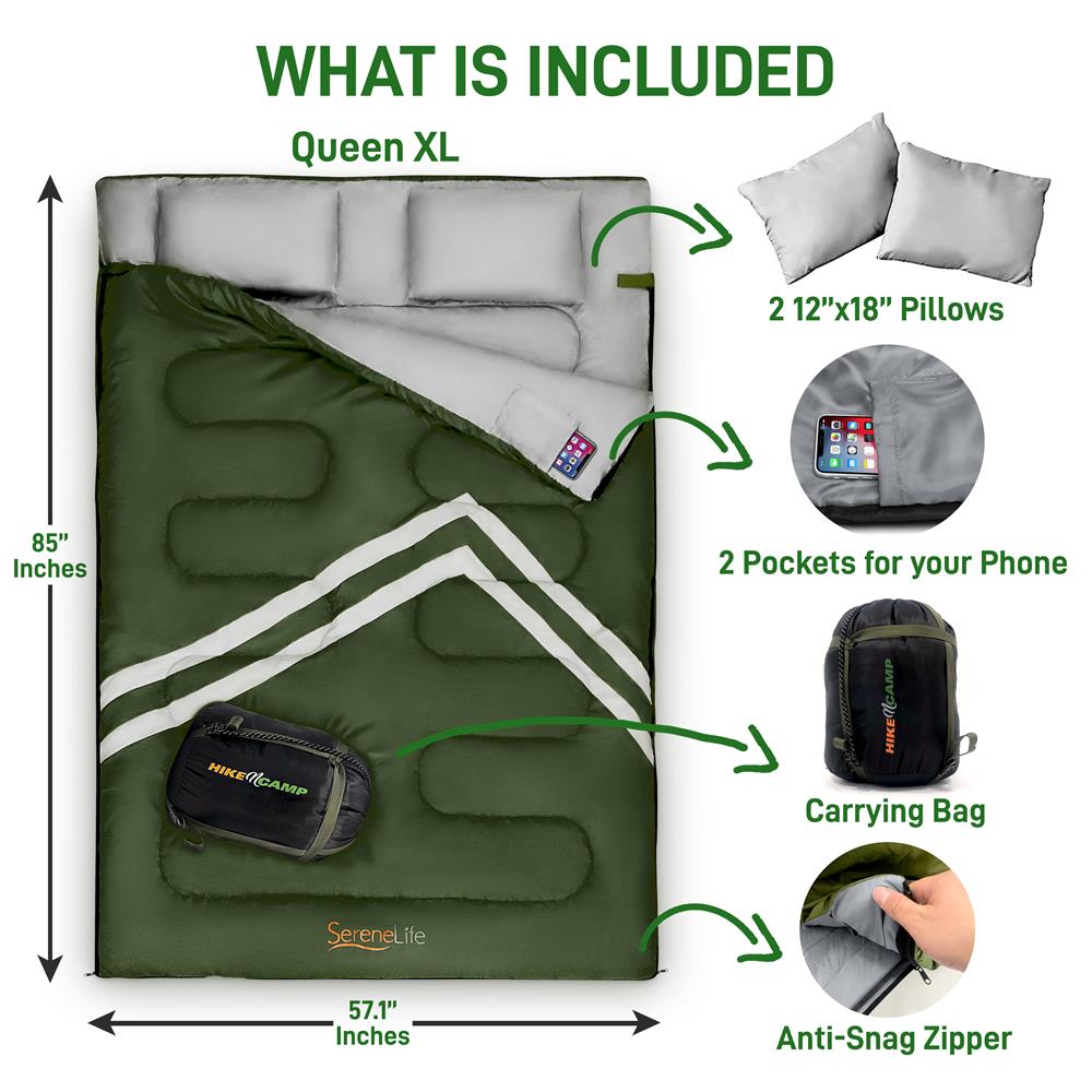 Double Sleeping Bag with Pillows - Lightweight, Waterproof, Portable