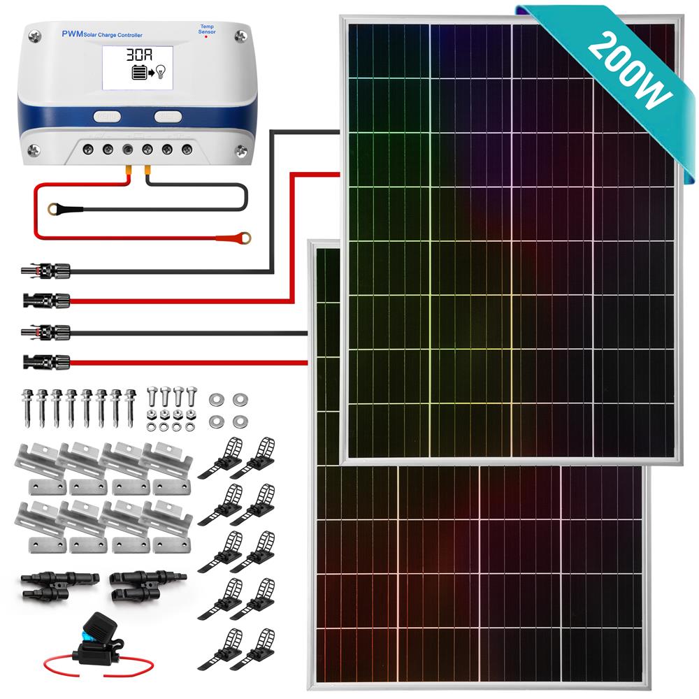 2 Pcs. Portable Mono Solar Panel Starter Kit - 100W X 2 Off-Grid Solar Panel Kit With 30A Pwm Controller With Lcd Screen