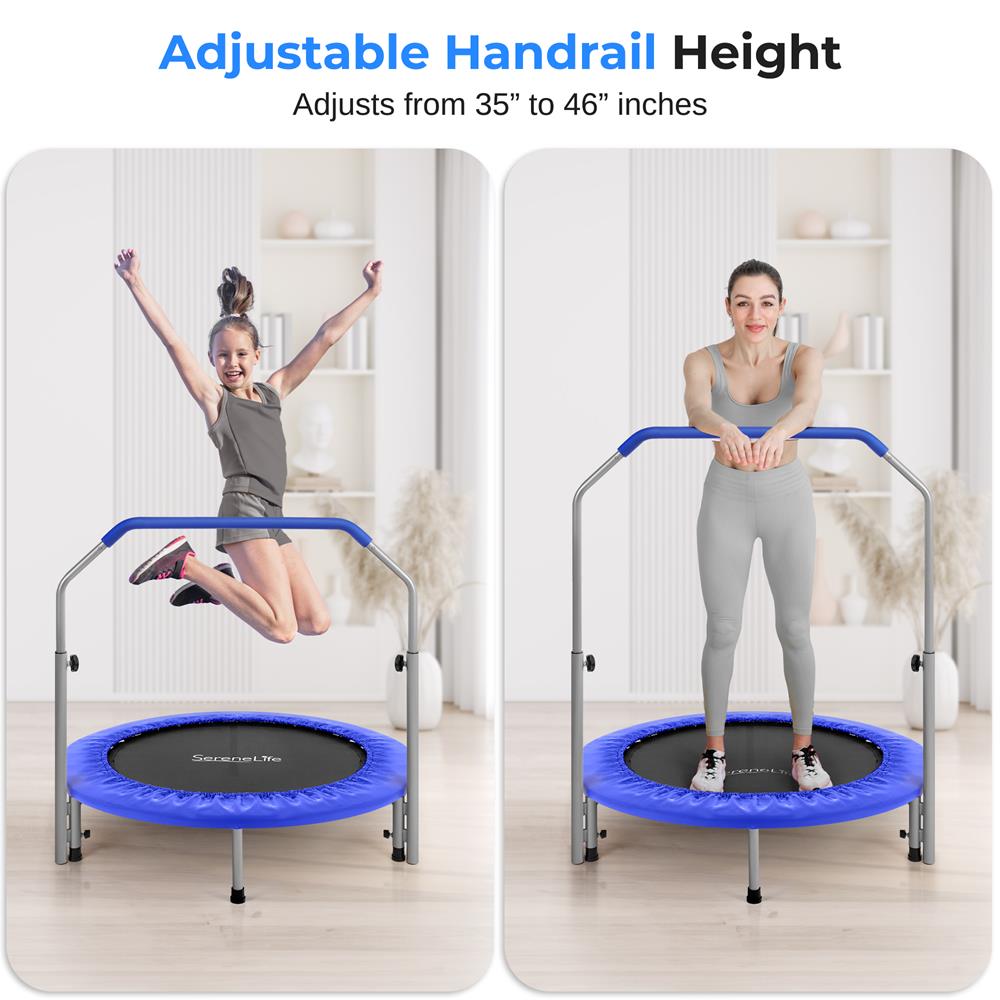 40" Foldable Trampoline, Burn Calories, Adjustable Handrail, Deep Blue