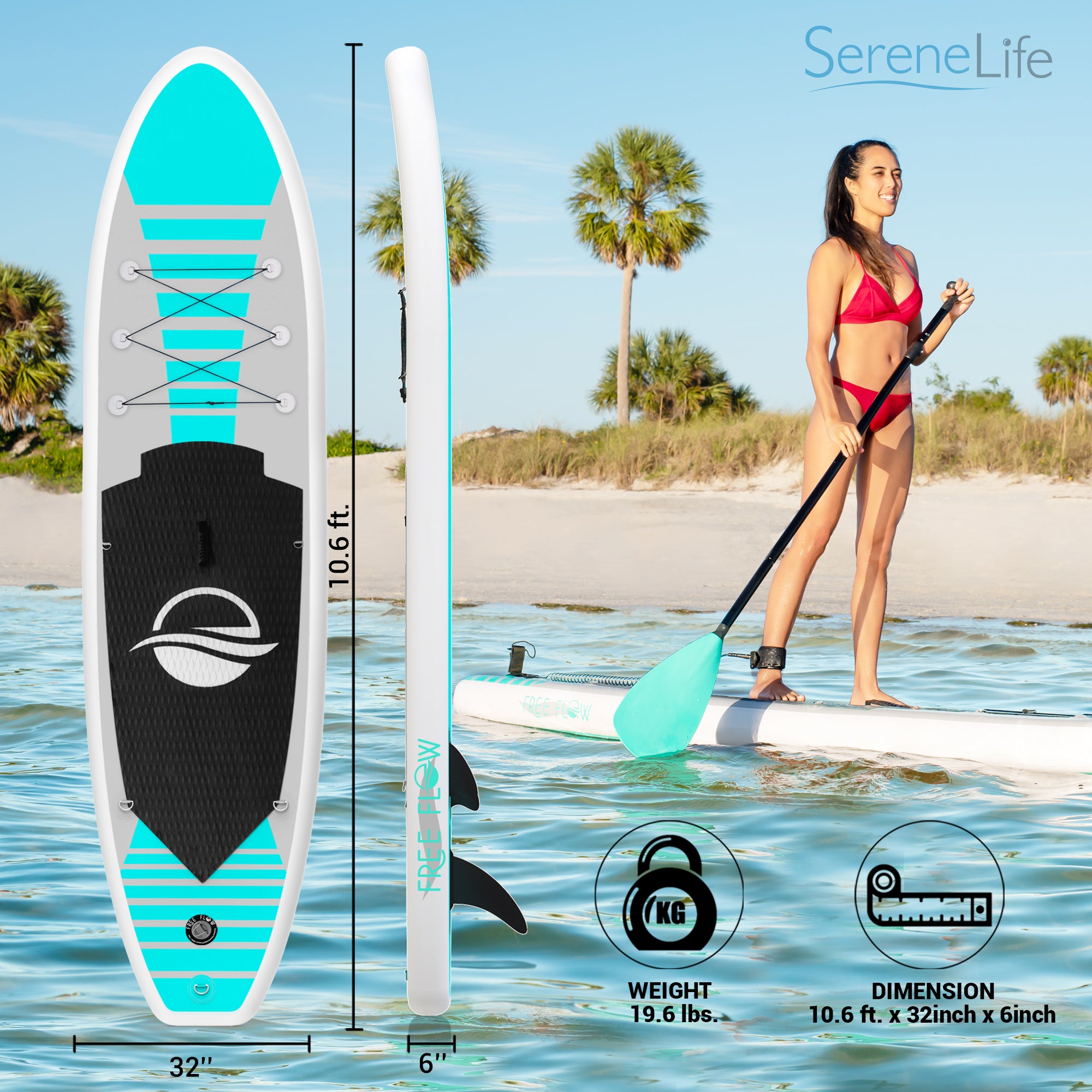 Inflatable Paddle Board - Stable Non-Slip Deck, 10'6", PVC, Teal
