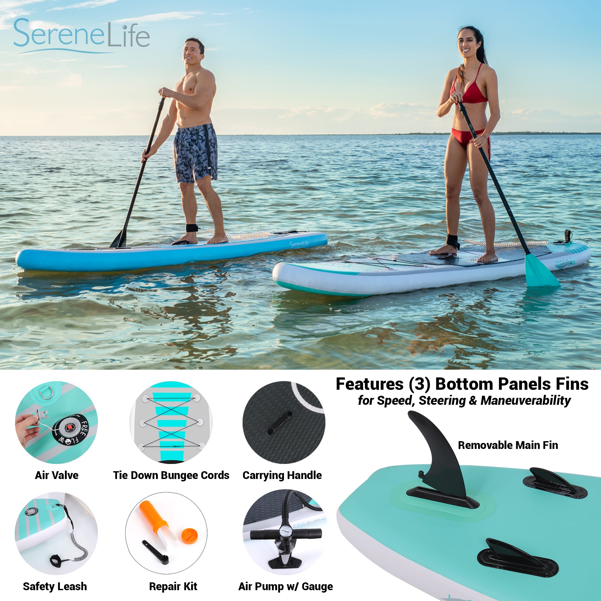 Inflatable Paddle Board - Stable Non-Slip Deck, 10'6", PVC, Teal