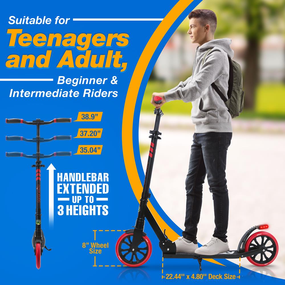 Foldable Kick Scooter for Teens & Adults, Smooth Wheels, Alloy Deck, Red