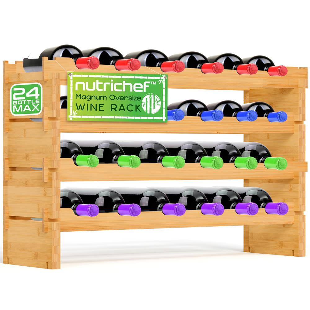 4 -Tier 24 Bottle Capacity Bamboo Stackable Wine Rack, Wobble-Free Modular Display Shelves (Natural)