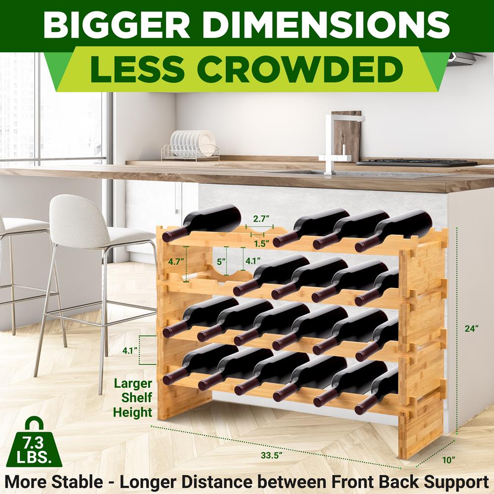4 -Tier 24 Bottle Capacity Bamboo Stackable Wine Rack, Wobble-Free Modular Display Shelves (Natural)