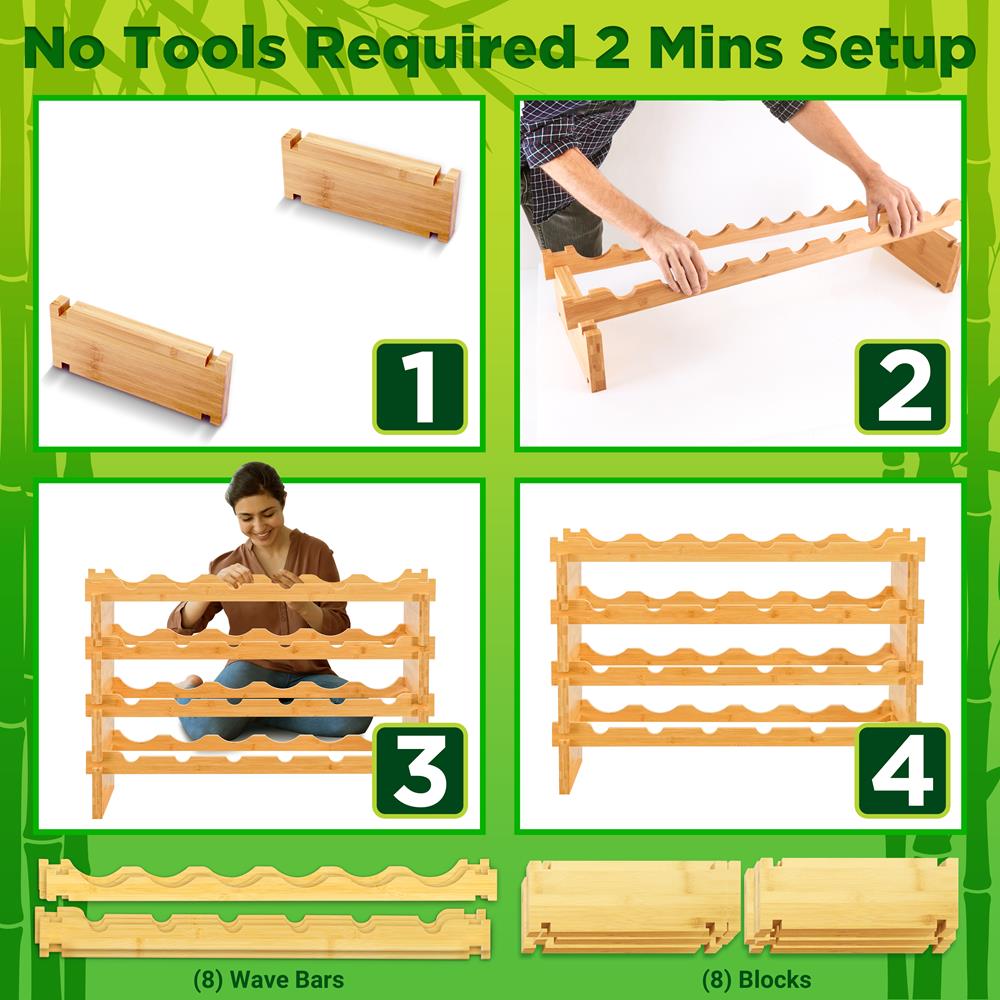 4 -Tier 24 Bottle Capacity Bamboo Stackable Wine Rack, Wobble-Free Modular Display Shelves (Natural)