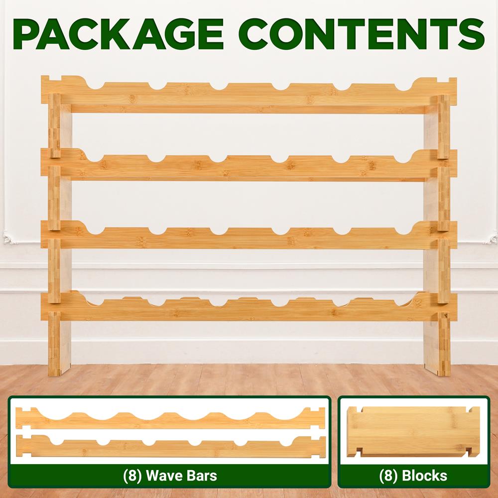 4 -Tier 24 Bottle Capacity Bamboo Stackable Wine Rack, Wobble-Free Modular Display Shelves (Natural)