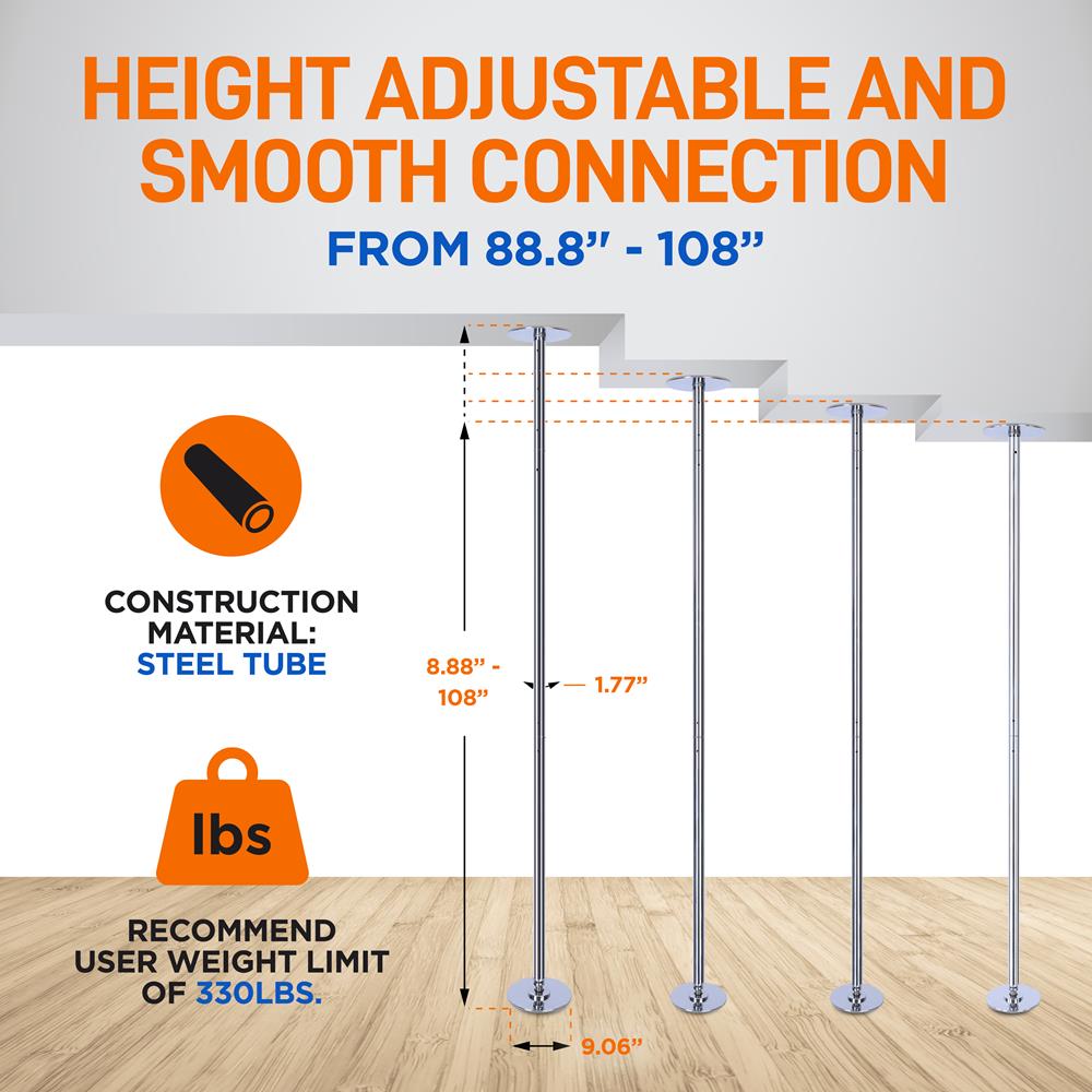 Adjustable Non-Slip Dancing Pole Set, Steel, Chrome Finish