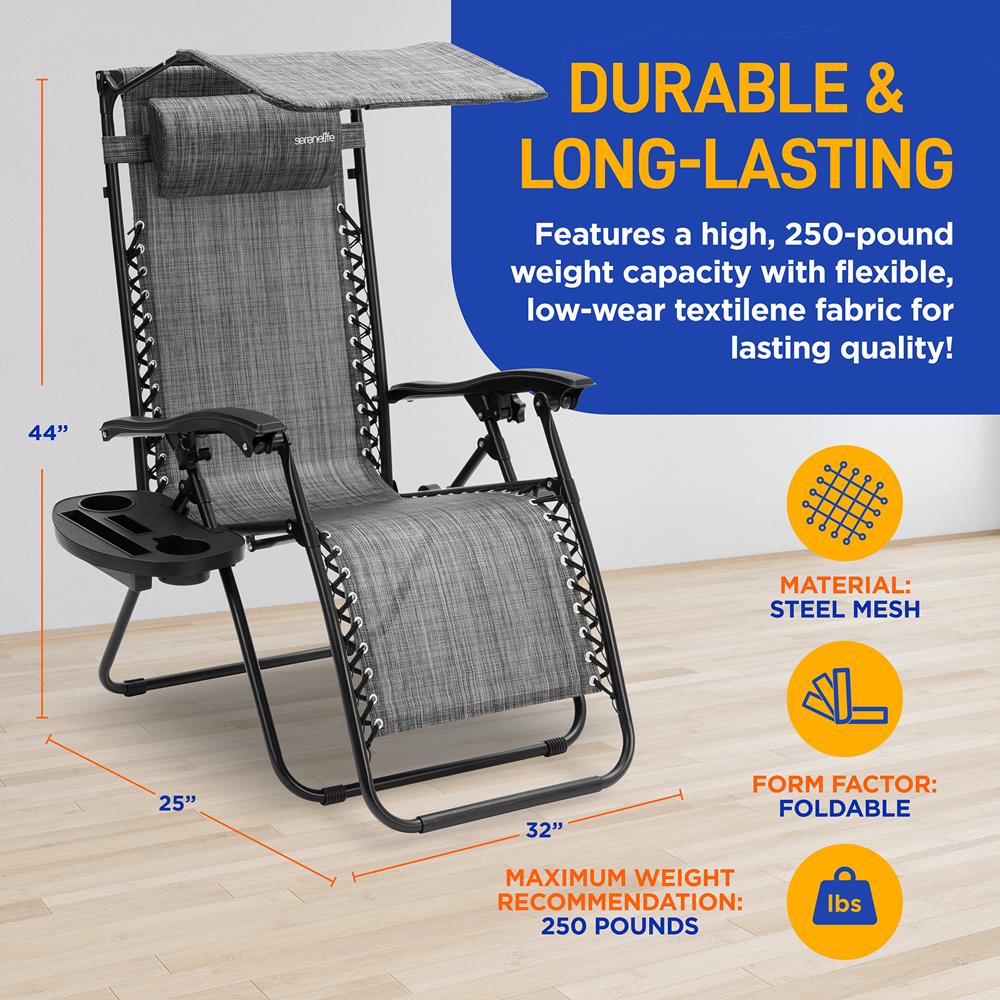 Zero Gravity Lounge Chairs 2-Pack, Adjustable Canopy, Steel & Textilene, Gray