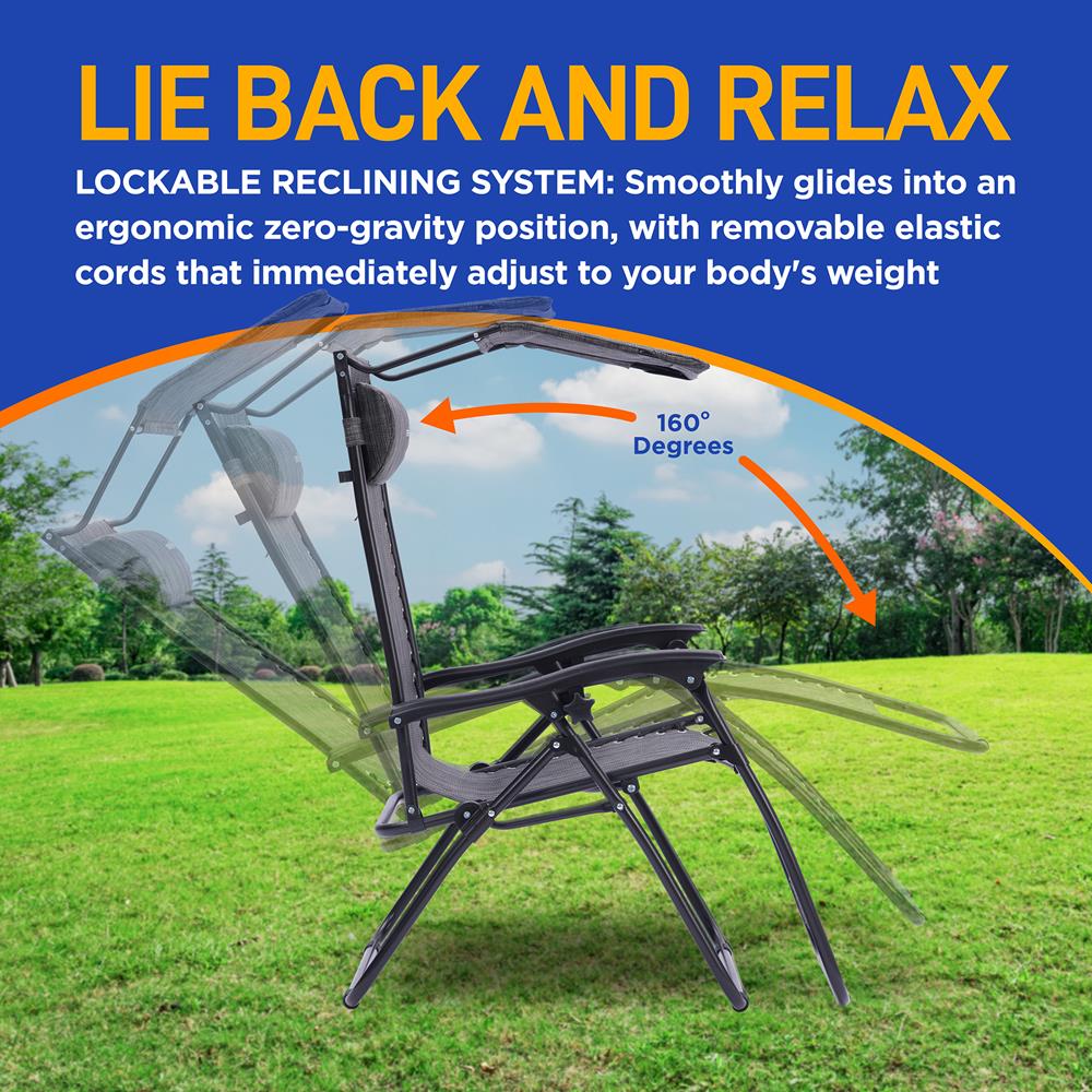 Zero Gravity Lounge Chairs 2-Pack, Adjustable Canopy, Steel & Textilene, Gray