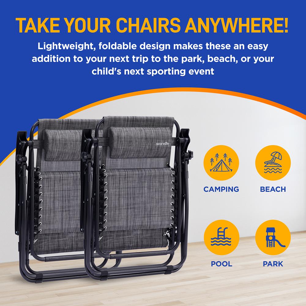 Zero Gravity Lounge Chairs 2-Pack, Adjustable Canopy, Steel & Textilene, Gray