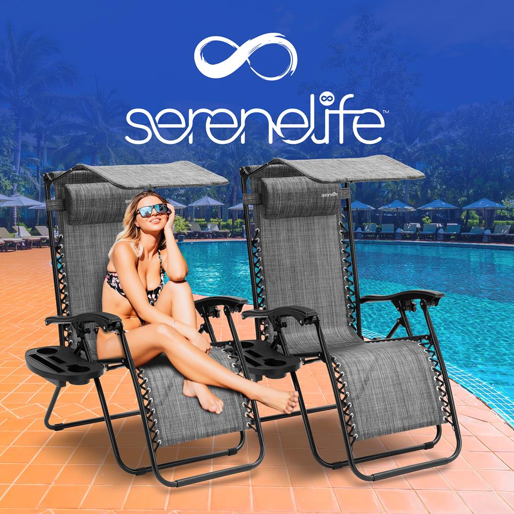 Zero Gravity Lounge Chairs 2-Pack, Adjustable Canopy, Steel & Textilene, Gray